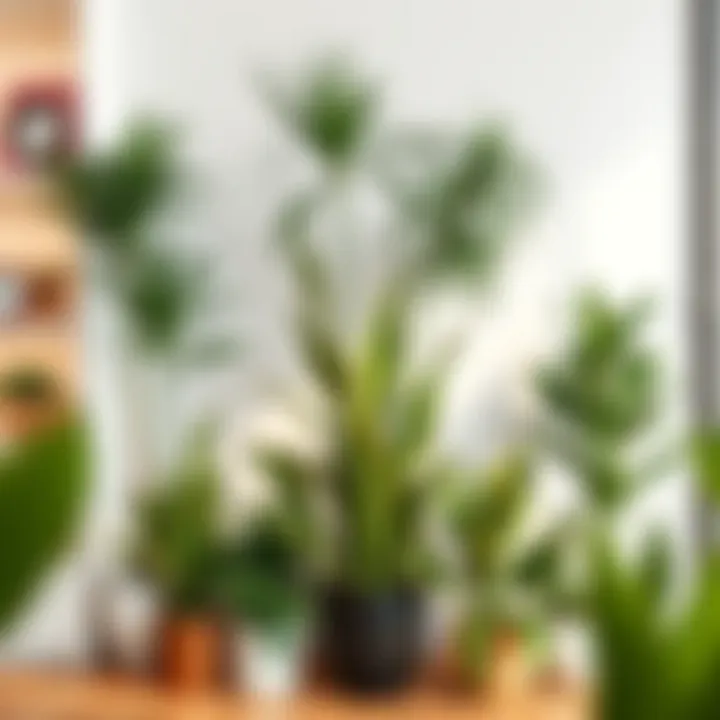 Arrangement of various tall plants in a modern home setting