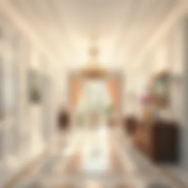 Chandelier placement techniques in a spacious hallway