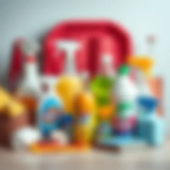 Various cleaning supplies arranged neatly for tackling paint stains