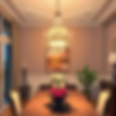 A completed chandelier installation illuminating a dining area