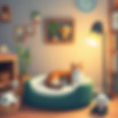 A cozy home setting with a cat bed and toys