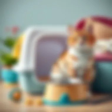 Essential cat care items including litter box and food bowl