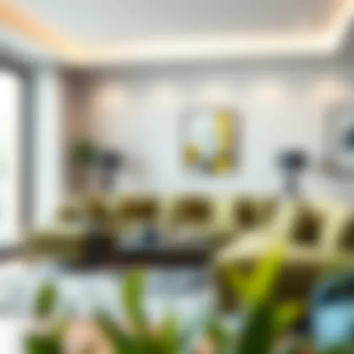 A stylish living room featuring a gray-green sofa that embodies modern design aesthetics.