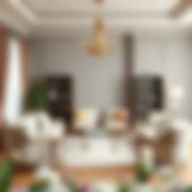 Elegant lounge featuring neutral tones with grey backdrop.