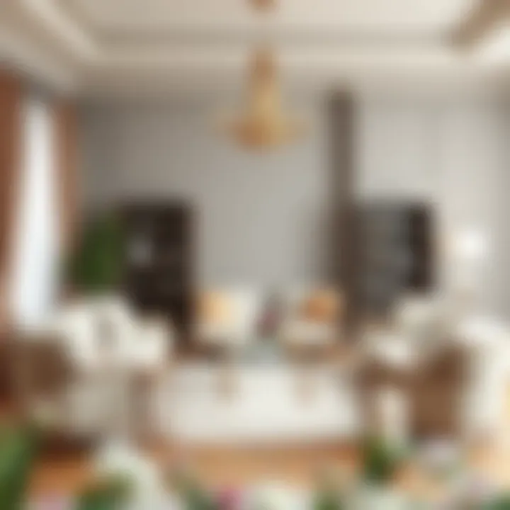 Elegant lounge featuring neutral tones with grey backdrop.