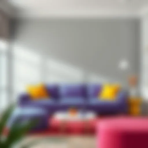 Contemporary living room with grey walls and vibrant sofa.