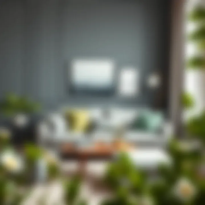 Chic Gray-Green Interior Harmony A beautifully arranged interior space harmonizing gray and green hues with a chic sofa.