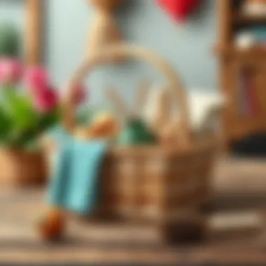 Decorative Finished Basket A finished wicker basket displayed with decorative items