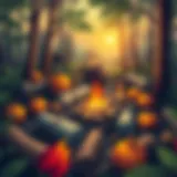 A beautifully arranged campfire surrounded by nature