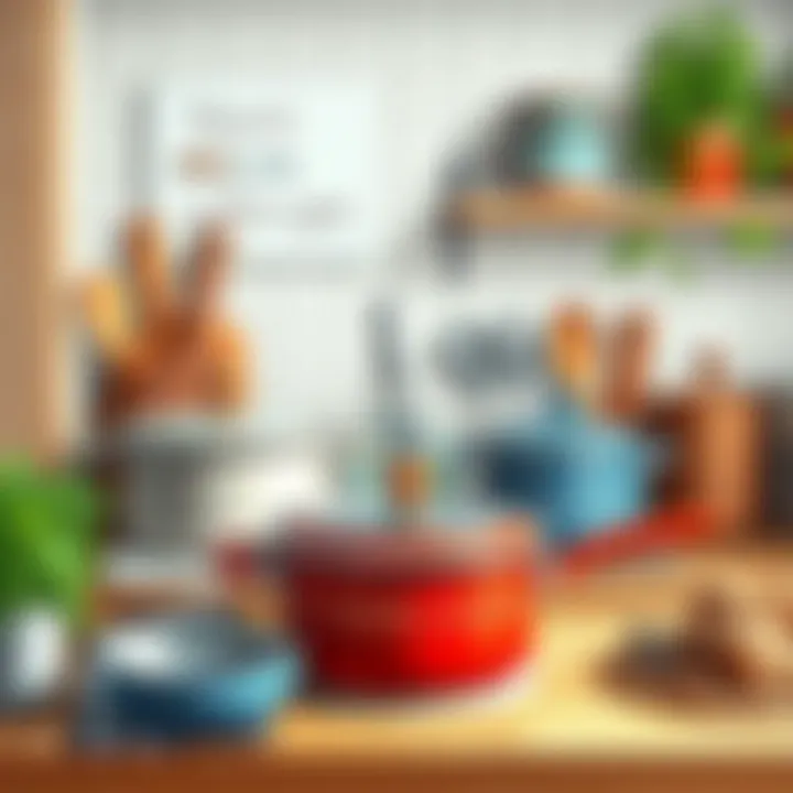 A well-organized kitchen countertop with various cookware including a ceramic skillet