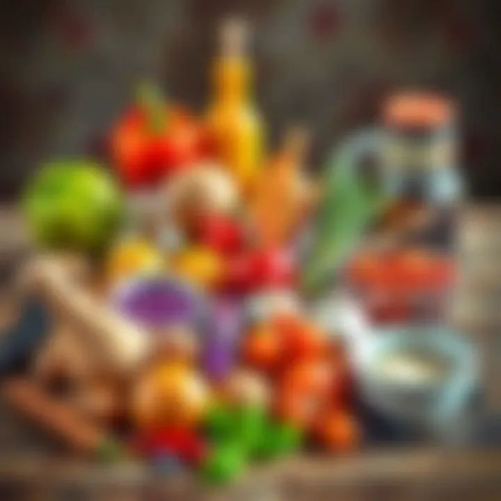 Variety of kitchen ingredients for meal preparation