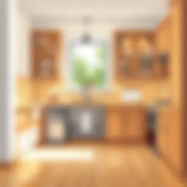 Flooring installation under kitchen cabinets in progress