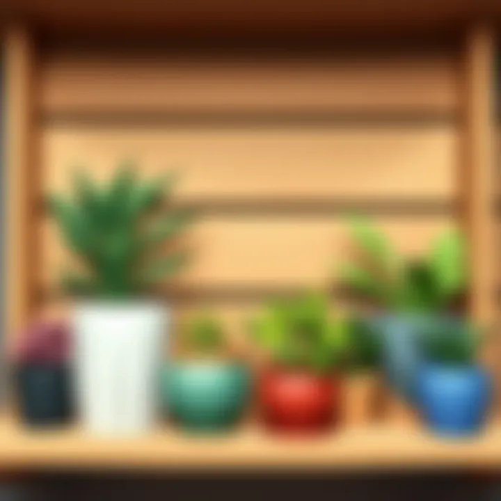 An assortment of potted plants on a wooden shelf