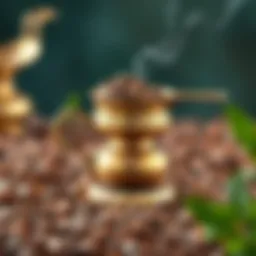 An elegant brass cezve filled with finely ground coffee beans