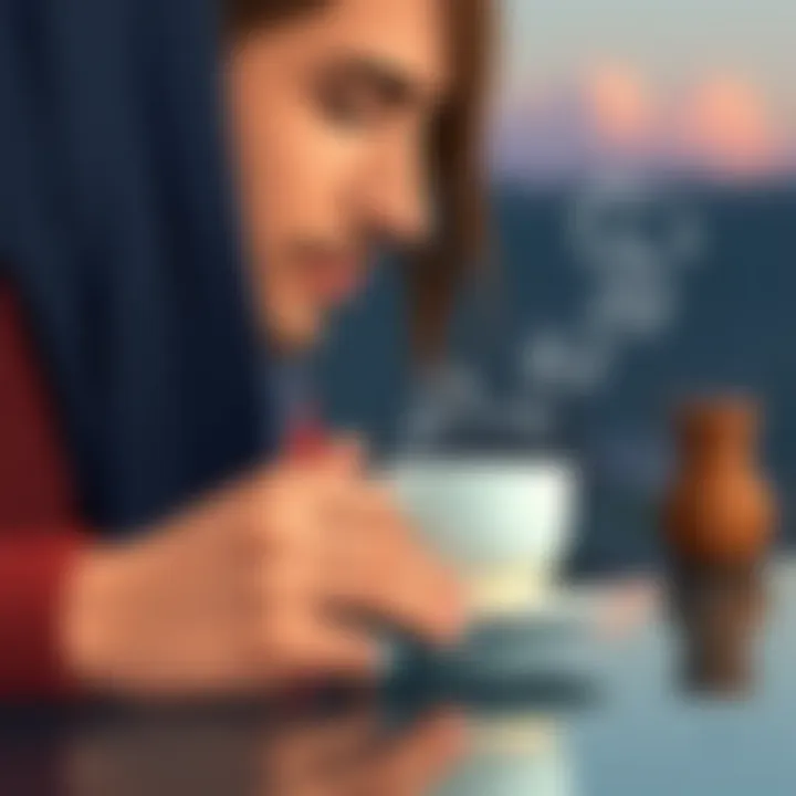 A serene scene showcasing a coffee drinker enjoying a cup