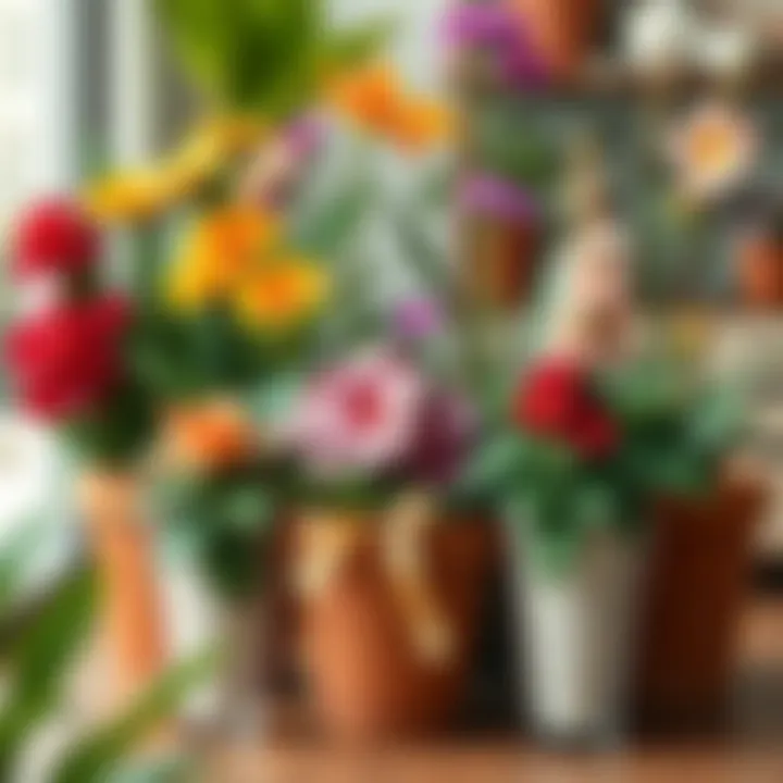 Expertly arranged pots with diverse flowering plants, enhancing interior design.