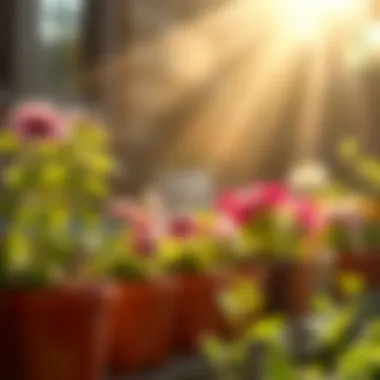 Sunlight streaming onto potted flowers, emphasizing their growth requirements.
